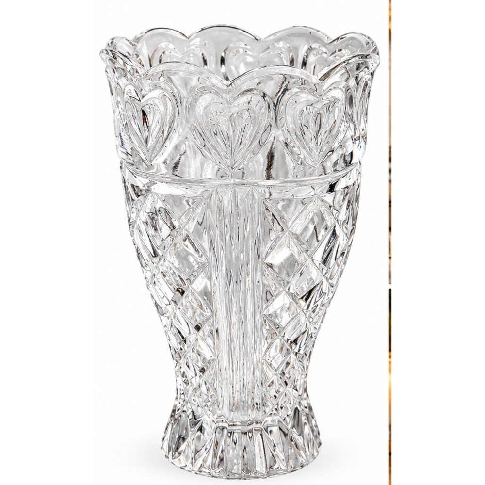 Vintage Style Heavy Clear Pressed Glass Vase Hearts Scalloped Rim 6.5"